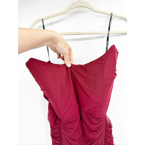 Lavish Alice Mesh Corset Ruched Strapless Midi Dress in Burgundy Red Size 18 - Picture 5 of 7
